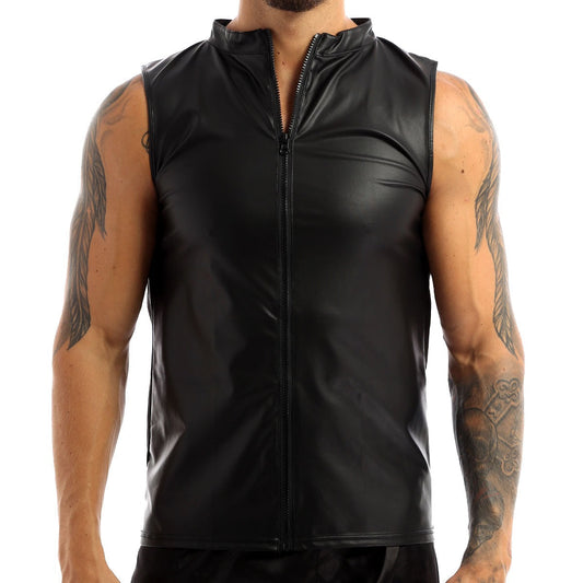 Front Zippered Tank Top For Men / Black Faux Leather Men's Vest / Stage Performance Clubwear