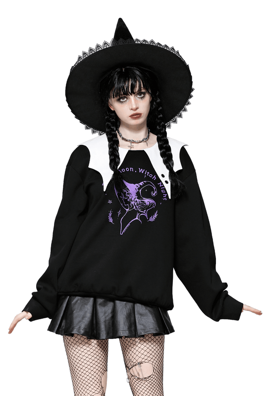 Full Moon Witch Graphic Sweatshirt with Contrast Collar