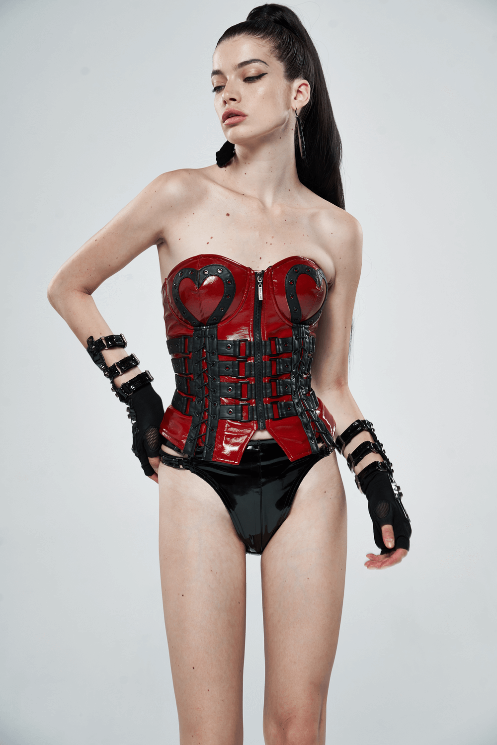 Futuristic Punk Half-Finger Gloves with Metal Rivets and Zipper