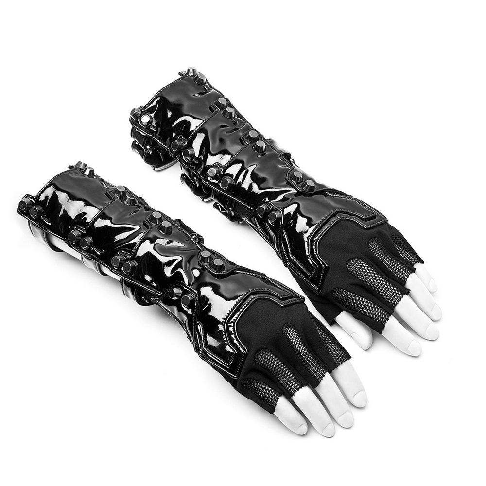 Futuristic Punk Half-Finger Gloves with Metal Rivets and Zipper