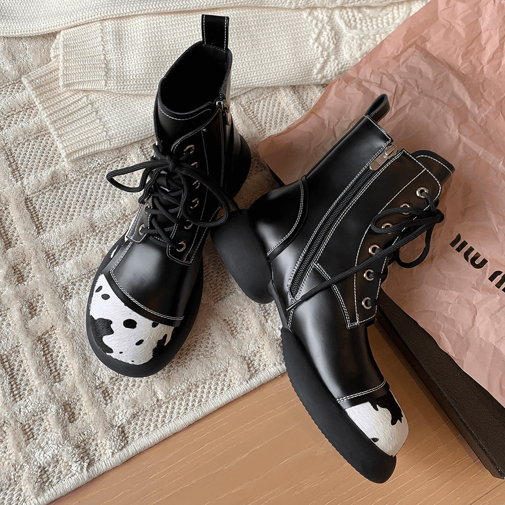 Genuine Leather Ankle Boots for Women / Fashion Round Toe Cow Print Boots with Lace Up