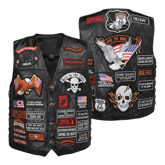 Genuine Leather Biker Vest With Patches / Rock Style Skull US Flag Eagle / Edgy Clothing
