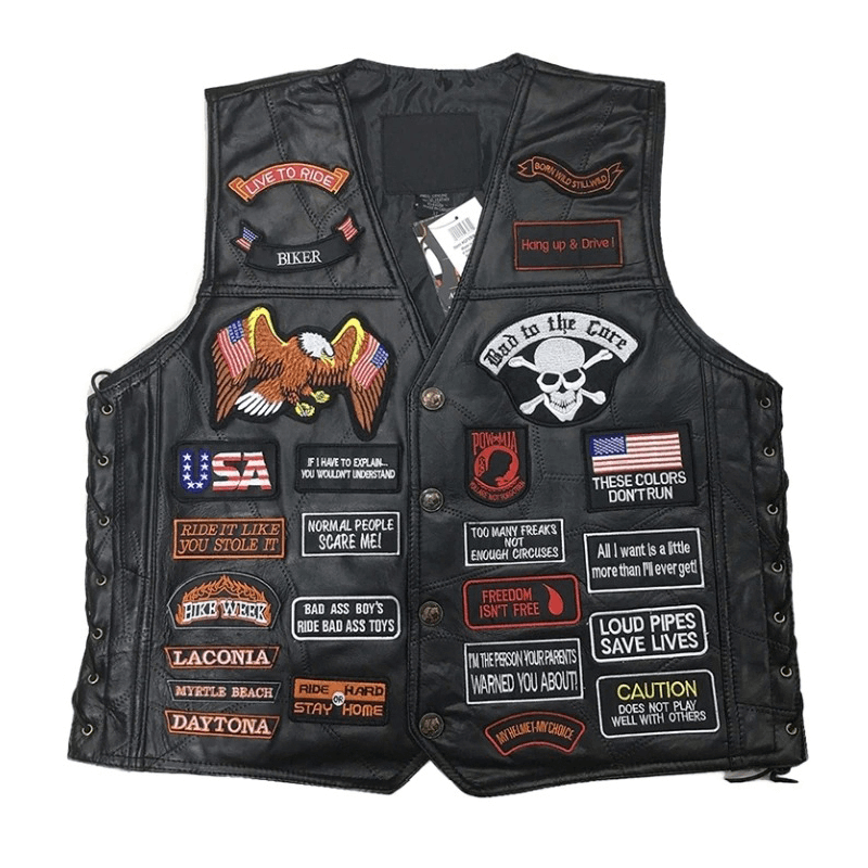 Genuine Leather Biker Vest With Patches / Rock Style Skull US Flag Eagle / Edgy Clothing