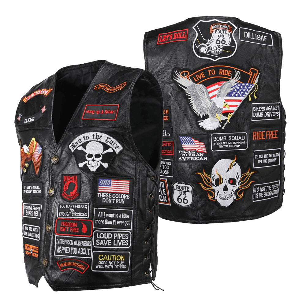 Genuine Leather Biker Vest With Patches / Rock Style Skull US Flag Eagle / Edgy Clothing