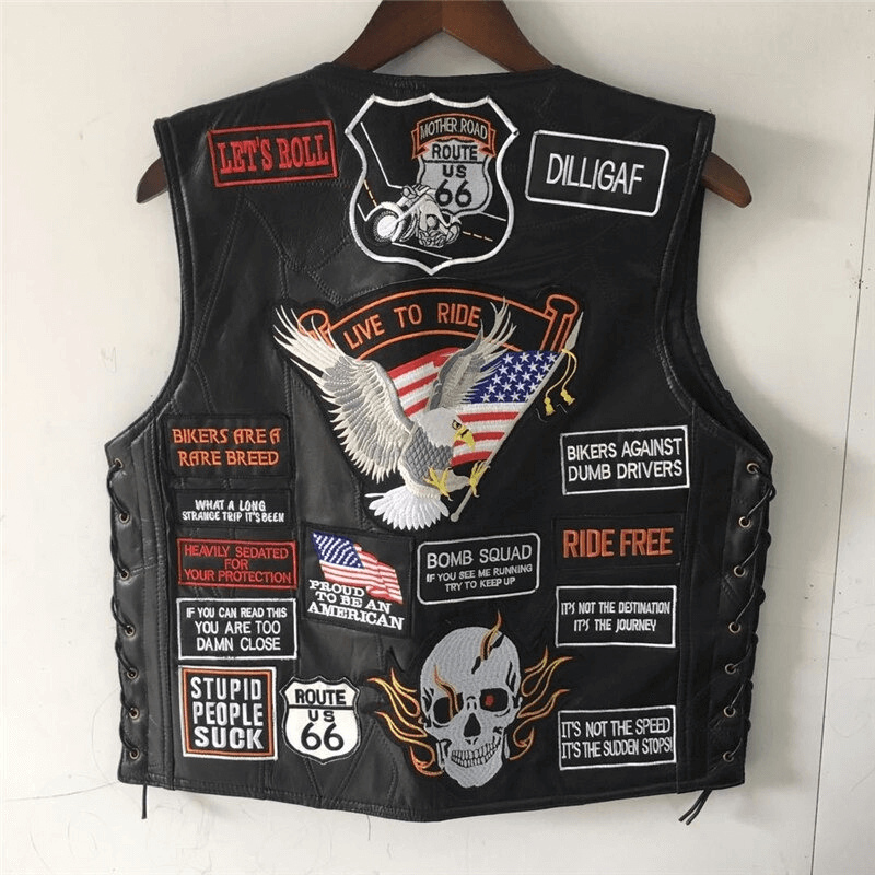 Genuine Leather Biker Vest With Patches / Rock Style Skull US Flag Eagle / Edgy Clothing