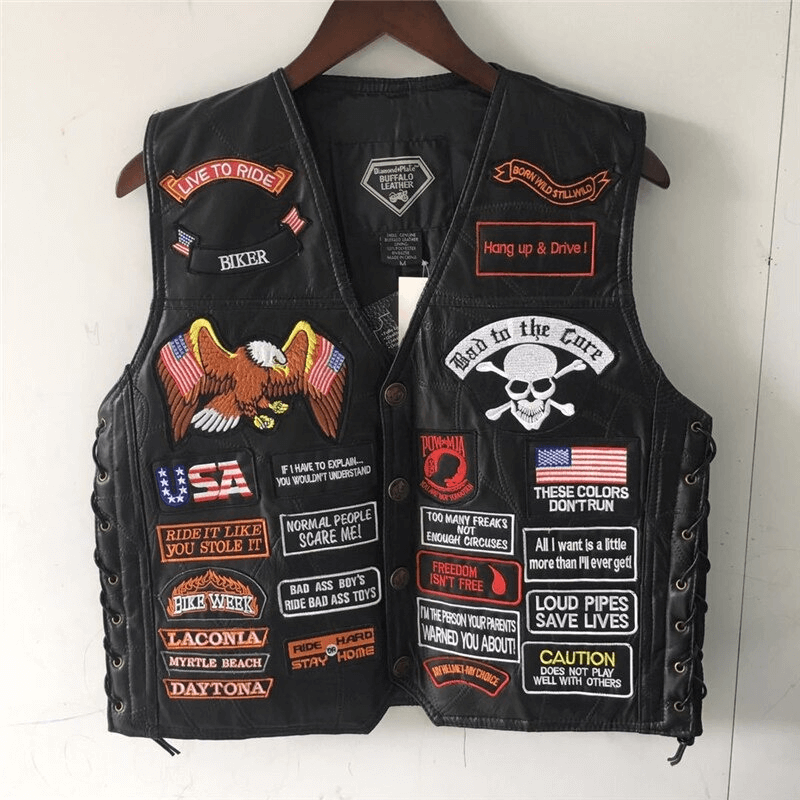 Genuine Leather Biker Vest With Patches / Rock Style Skull US Flag Eagle / Edgy Clothing