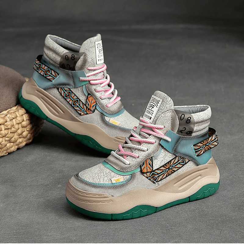 Genuine Leather High Sole Women's Boots / Cool Female Patchwork Lace-up Platforms