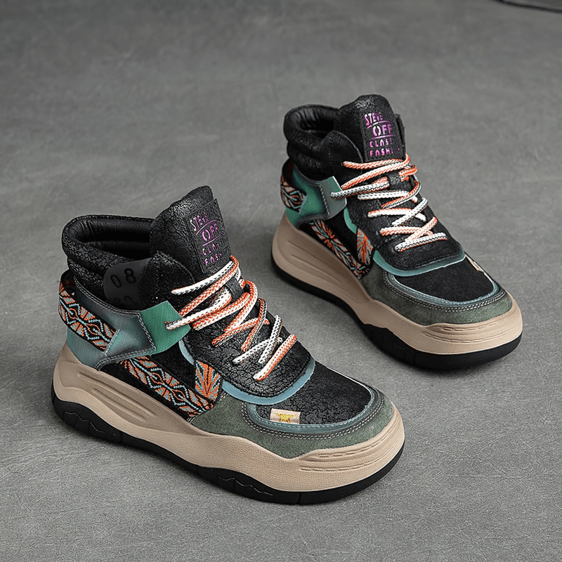 Genuine Leather High Sole Women's Boots / Cool Female Patchwork Lace-up Platforms