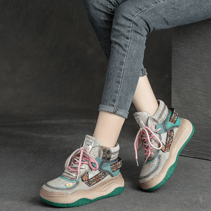 Genuine Leather High Sole Women's Boots / Cool Female Patchwork Lace-up Platforms