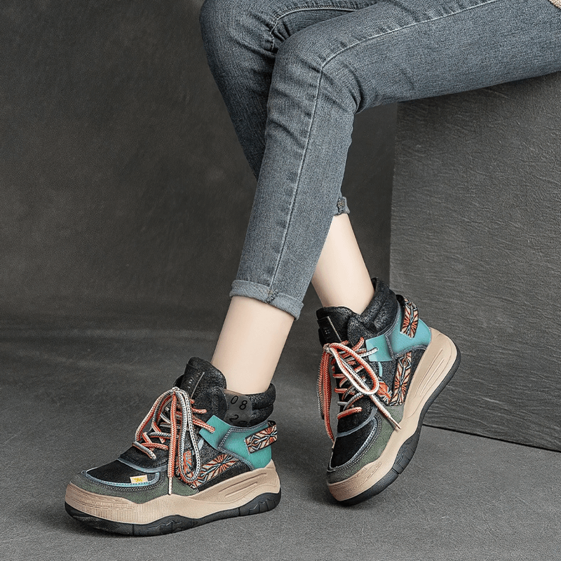 Genuine Leather High Sole Women's Boots / Cool Female Patchwork Lace-up Platforms