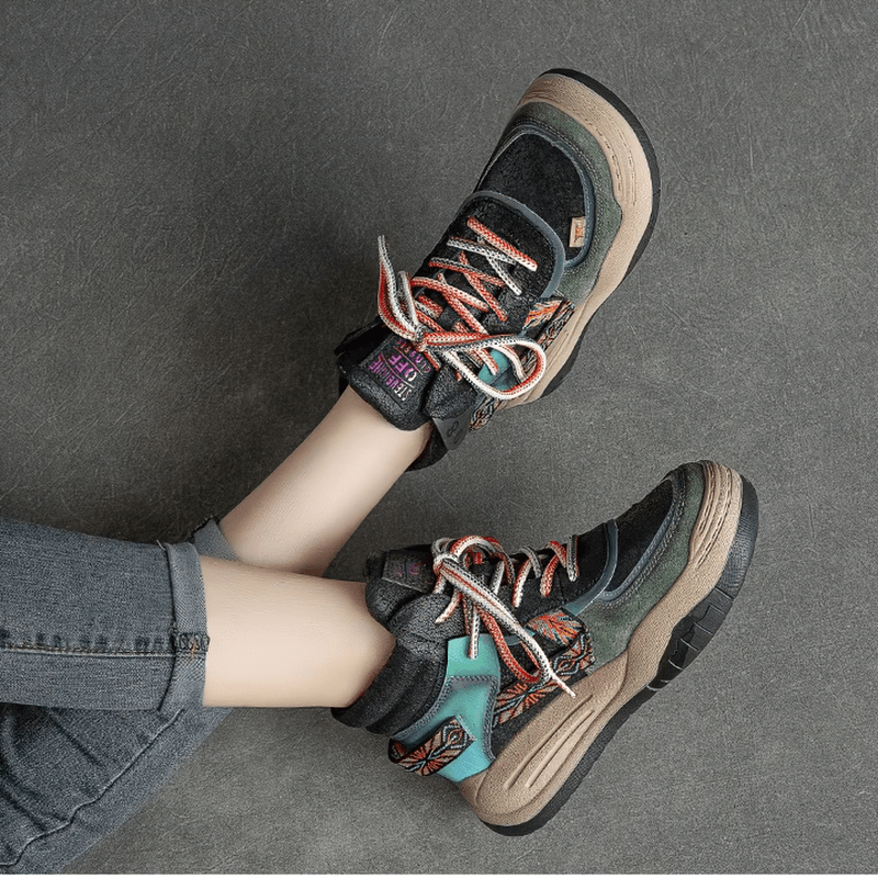 Genuine Leather High Sole Women's Boots / Cool Female Patchwork Lace-up Platforms