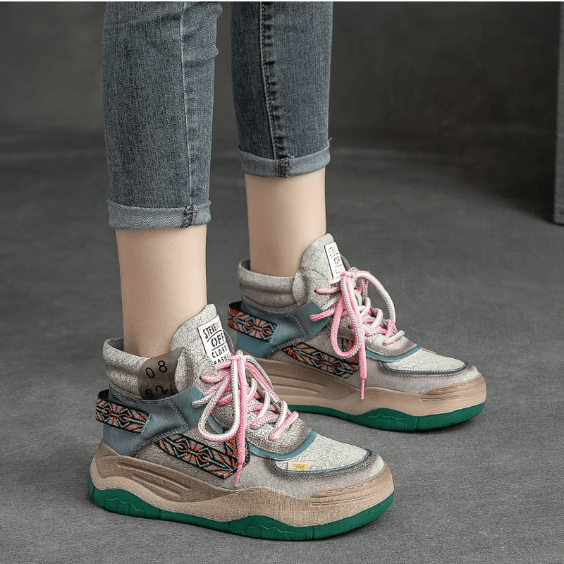 Genuine Leather High Sole Women's Boots / Cool Female Patchwork Lace-up Platforms