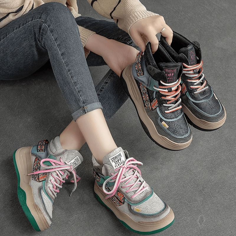 Genuine Leather High Sole Women's Boots / Cool Female Patchwork Lace-up Platforms