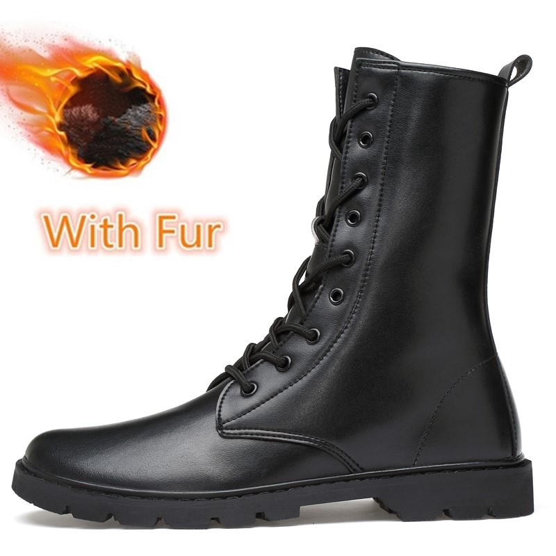 Genuine Leather Lace-up High Top Boots / Fur Warm Winter Shoes for Men