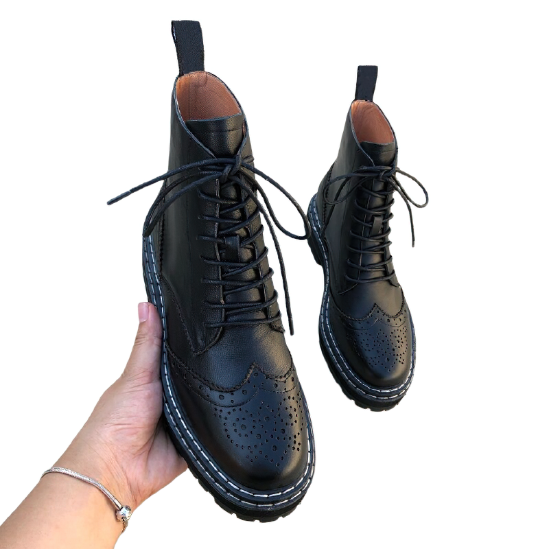 Genuine Leather Lady's Boots / Women's Biker Shoes With Hollow Out Flowers