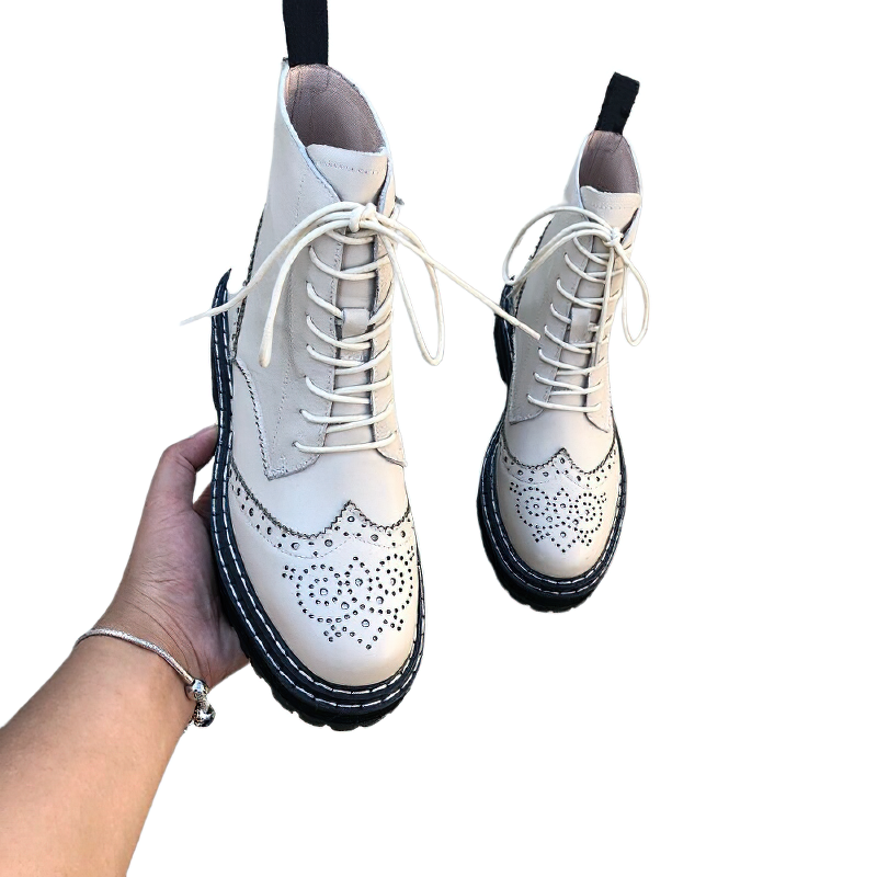 Genuine Leather Lady's Boots / Women's Biker Shoes With Hollow Out Flowers