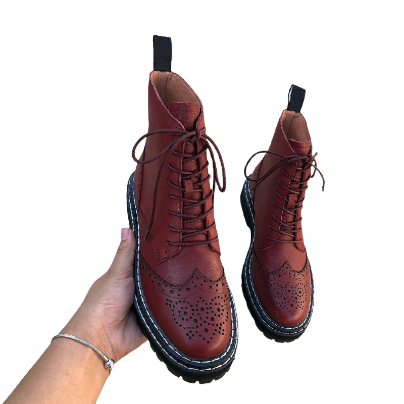 Genuine Leather Lady's Boots / Women's Biker Shoes With Hollow Out Flowers