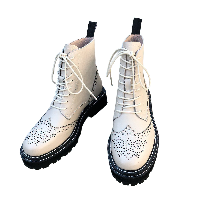 Genuine Leather Lady's Boots / Women's Biker Shoes With Hollow Out Flowers