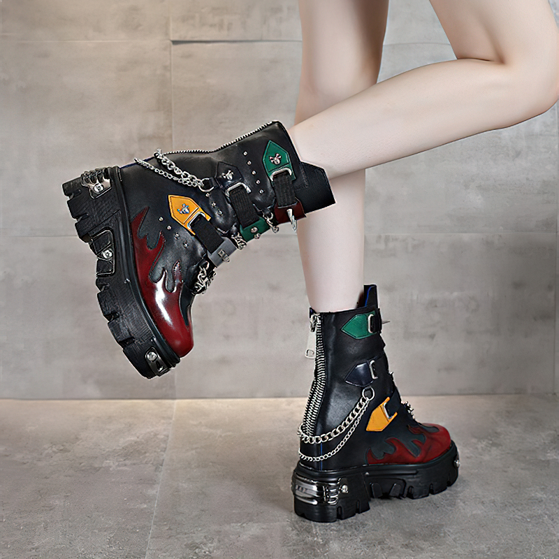 CLEARANCE / Genuine Leather Mixed Color Women's Boots With Metal Decoration