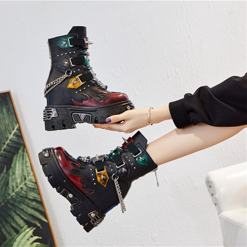 CLEARANCE / Genuine Leather Mixed Color Women's Boots With Metal Decoration