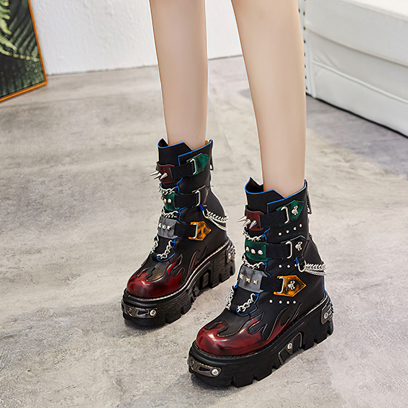 CLEARANCE / Genuine Leather Mixed Color Women's Boots With Metal Decoration