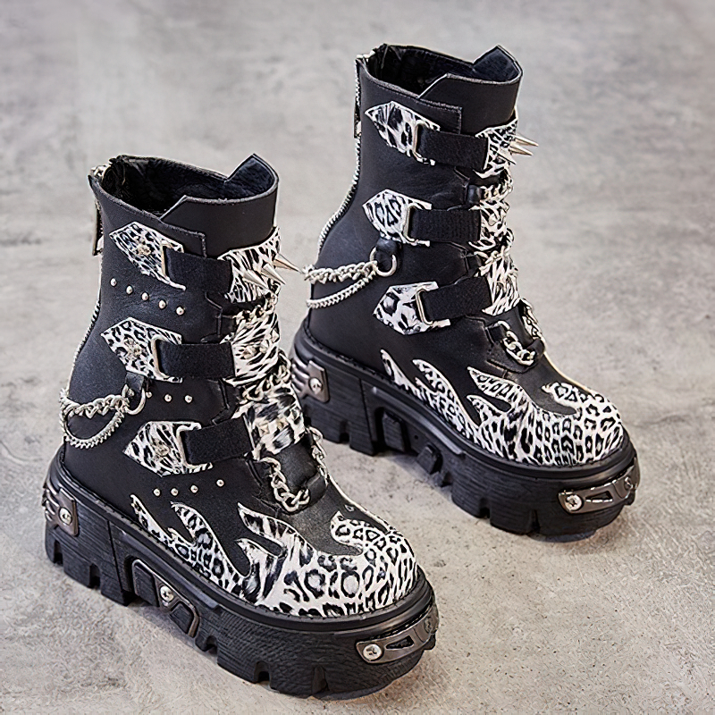 CLEARANCE / Genuine Leather Mixed Color Women's Boots With Metal Decoration