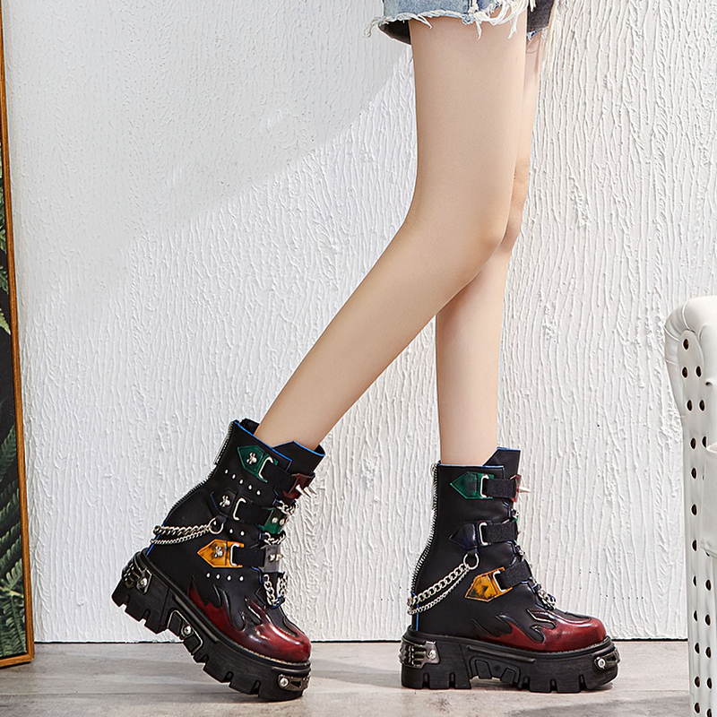 CLEARANCE / Genuine Leather Mixed Color Women's Boots With Metal Decoration
