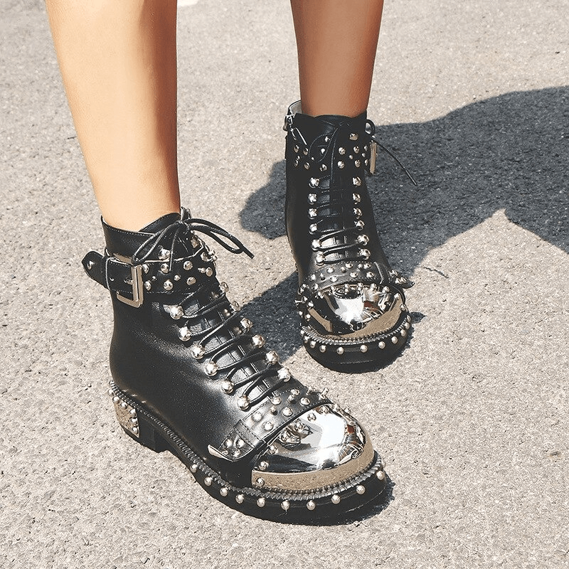 SALE of Genuine Leather Punk Rock Boots / Square Heels Ankle Boots - US