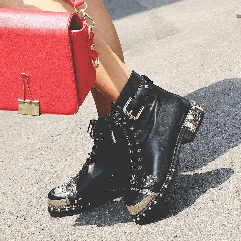 SALE of Genuine Leather Punk Rock Boots / Square Heels Ankle Boots - US