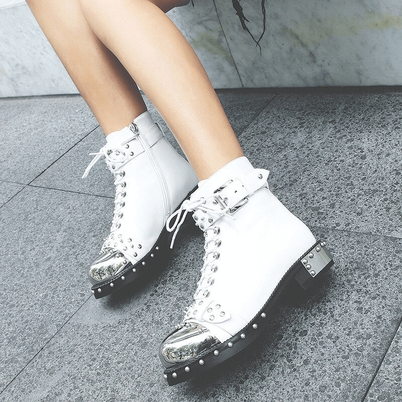 SALE of Genuine Leather Punk Rock Boots / Square Heels Ankle Boots - US