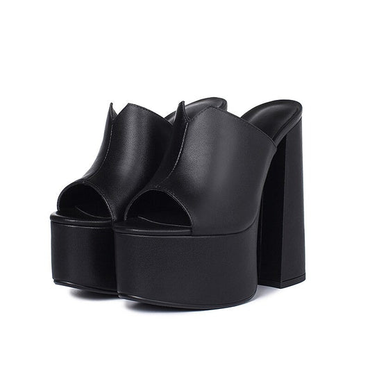 Genuine Leather Women's Platform Sandals / Thick High Heel Party Shoes In Black And White Colors