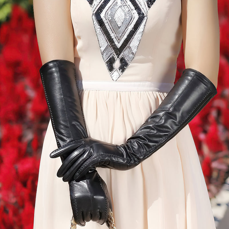 Genuine Sheepskin Women's Long Gloves In Beige And Black Colors / High-Grade Leather Winter Gloves