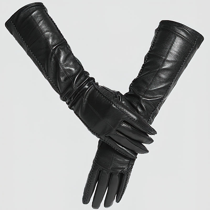 Genuine Sheepskin Women's Long Gloves In Beige And Black Colors / High-Grade Leather Winter Gloves