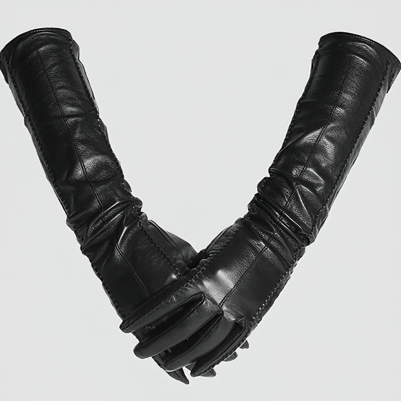 Genuine Sheepskin Women's Long Gloves In Beige And Black Colors / High-Grade Leather Winter Gloves