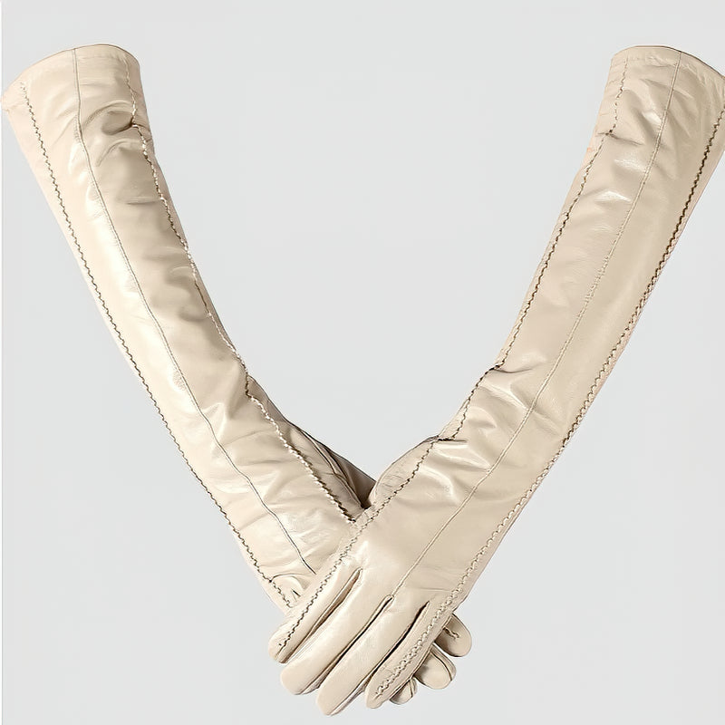 Genuine Sheepskin Women's Long Gloves In Beige And Black Colors / High-Grade Leather Winter Gloves
