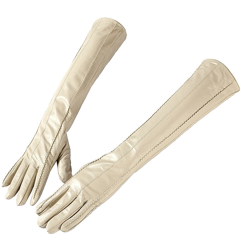 Genuine Sheepskin Women's Long Gloves In Beige And Black Colors / High-Grade Leather Winter Gloves