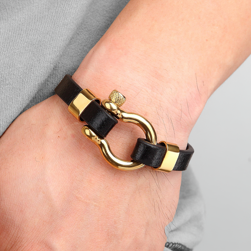 Geometric Circle Toggle-Clasps Genuine Leather Bracelet / Rock Style Unisex Stainless Steel Bracelet