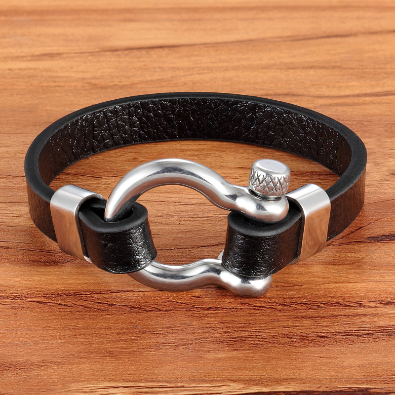 Geometric Circle Toggle-Clasps Genuine Leather Bracelet / Rock Style Unisex Stainless Steel Bracelet