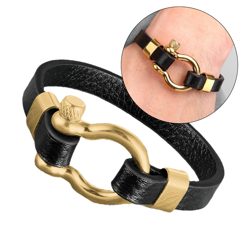 Geometric Circle Toggle-Clasps Genuine Leather Bracelet / Rock Style Unisex Stainless Steel Bracelet