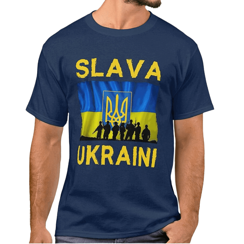 "Glory to Ukraine" Print T-shirts / Men's Cool Graphic Tees with Ukrainian Trident and Flag