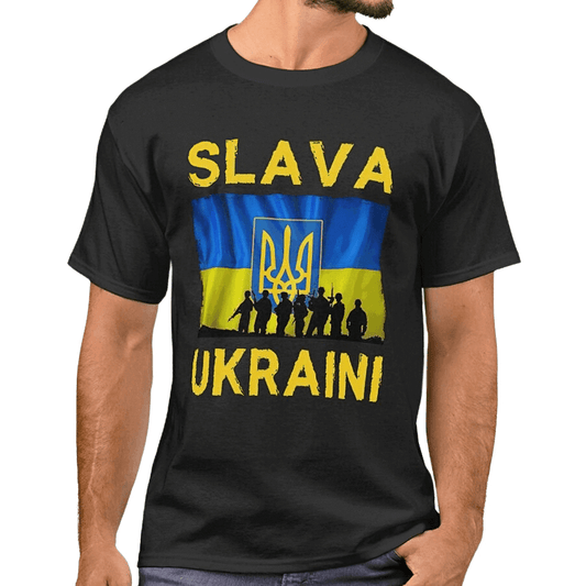 "Glory to Ukraine" Print T-shirts / Men's Cool Graphic Tees with Ukrainian Trident and Flag