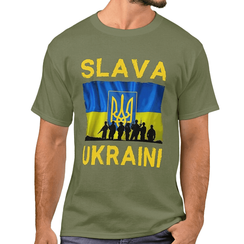 "Glory to Ukraine" Print T-shirts / Men's Cool Graphic Tees with Ukrainian Trident and Flag