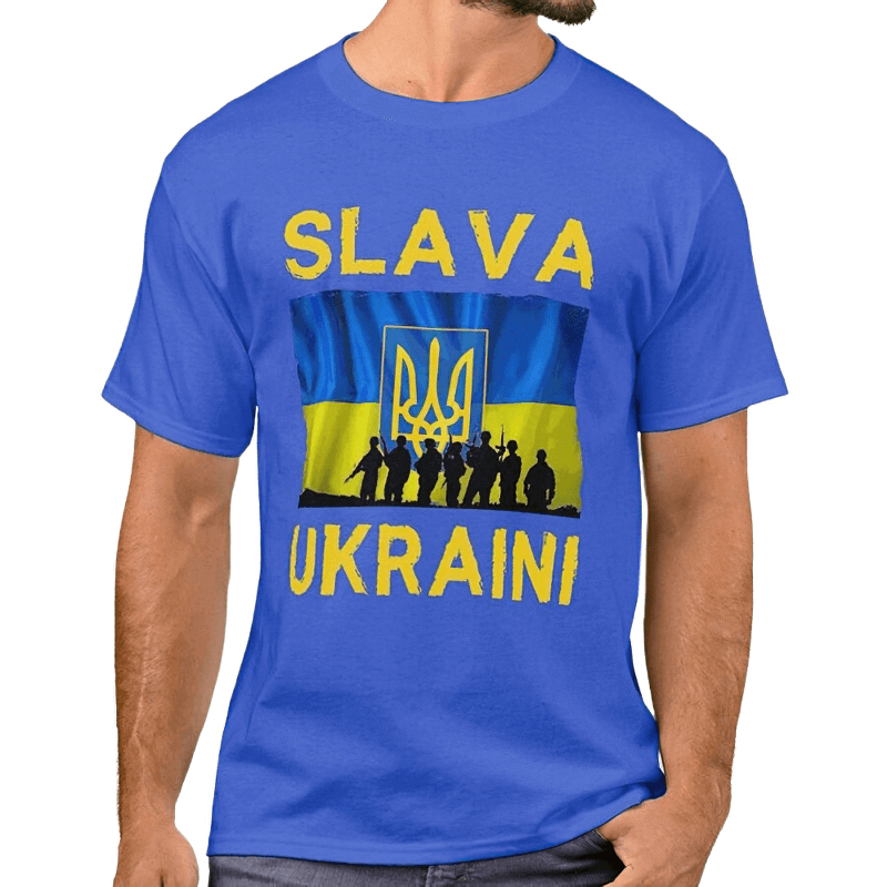 "Glory to Ukraine" Print T-shirts / Men's Cool Graphic Tees with Ukrainian Trident and Flag