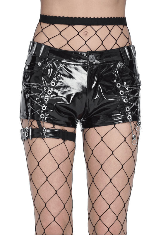 Glossy Black Shorts with Chain Details - Edgy Style
