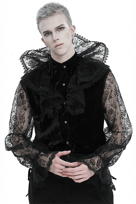 Gorgeous Lace Stand Collar Shirt for Men / Gothic Male Shirt with Transparent Lantern Long Sleeves