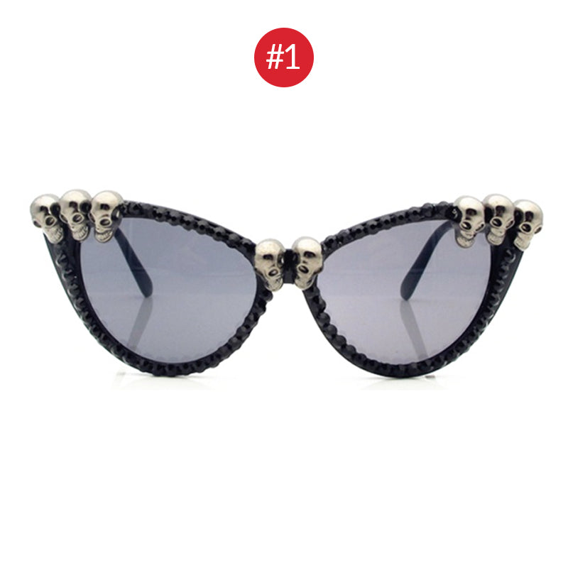 Gorgeous Women's Black Skull Rhinestone Sunglasses / Ladies Cat Eye Round Gothic Shades