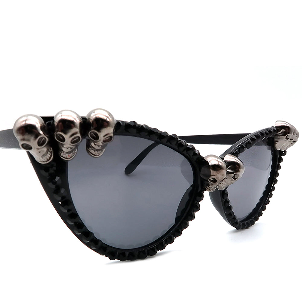 Gorgeous Women's Black Skull Rhinestone Sunglasses / Ladies Cat Eye Round Gothic Shades