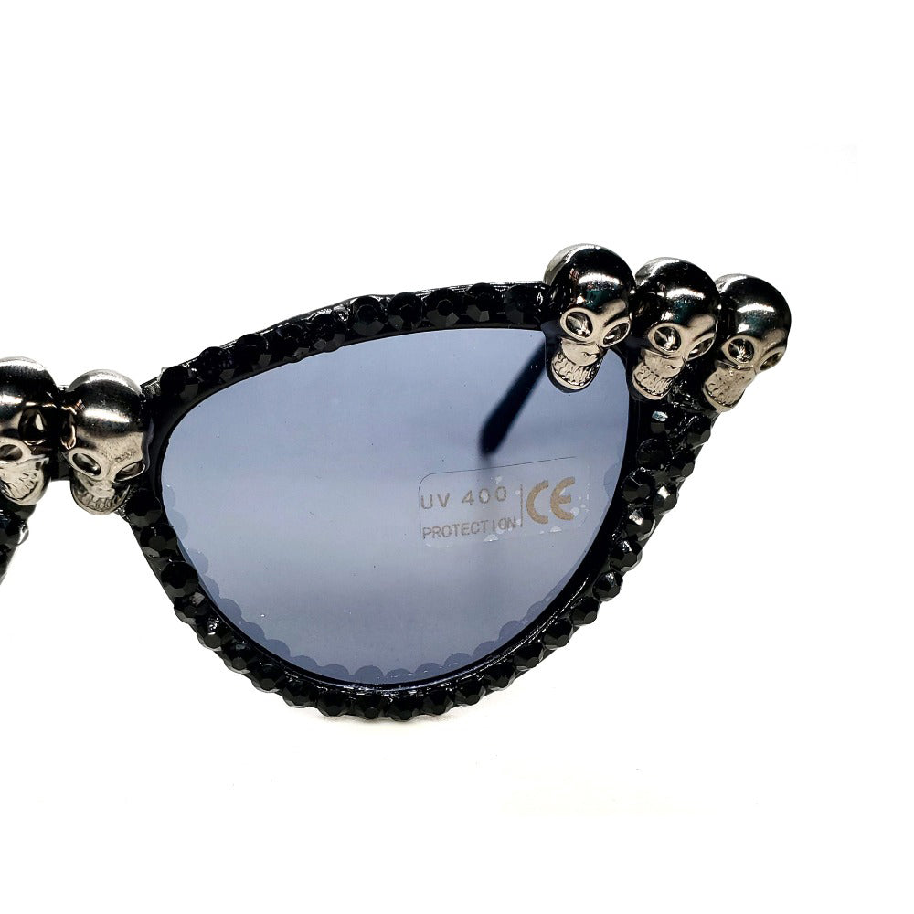 Gorgeous Women's Black Skull Rhinestone Sunglasses / Ladies Cat Eye Round Gothic Shades