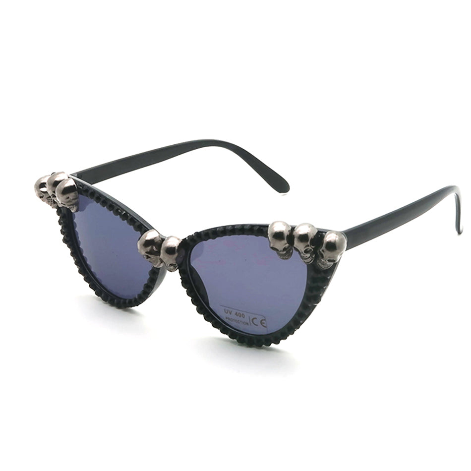 Gorgeous Women's Black Skull Rhinestone Sunglasses / Ladies Cat Eye Round Gothic Shades