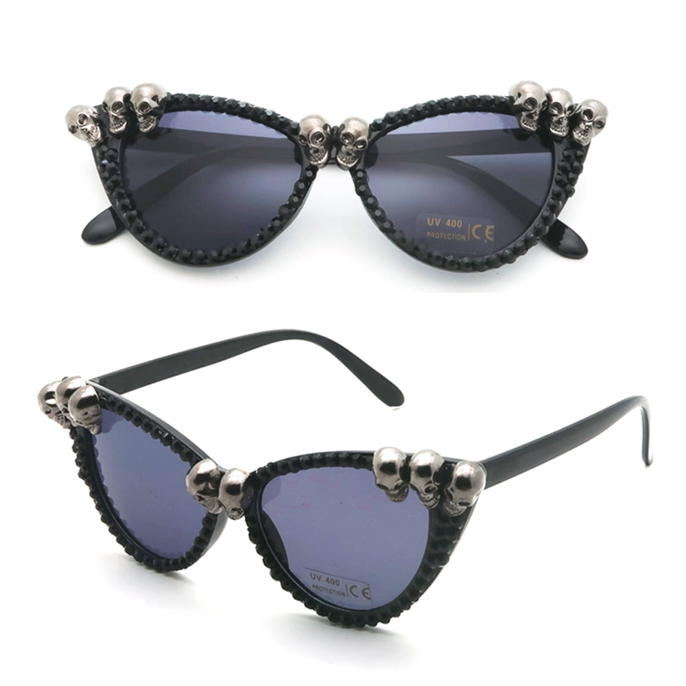 Gorgeous Women's Black Skull Rhinestone Sunglasses / Ladies Cat Eye Round Gothic Shades